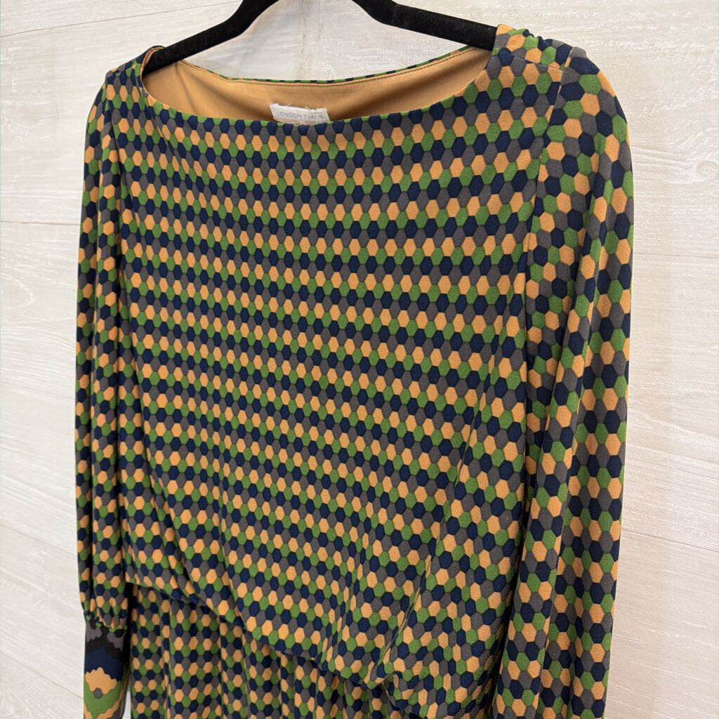 London Times Brown/ Blue/ Green Print Long Sleeve Dress 8