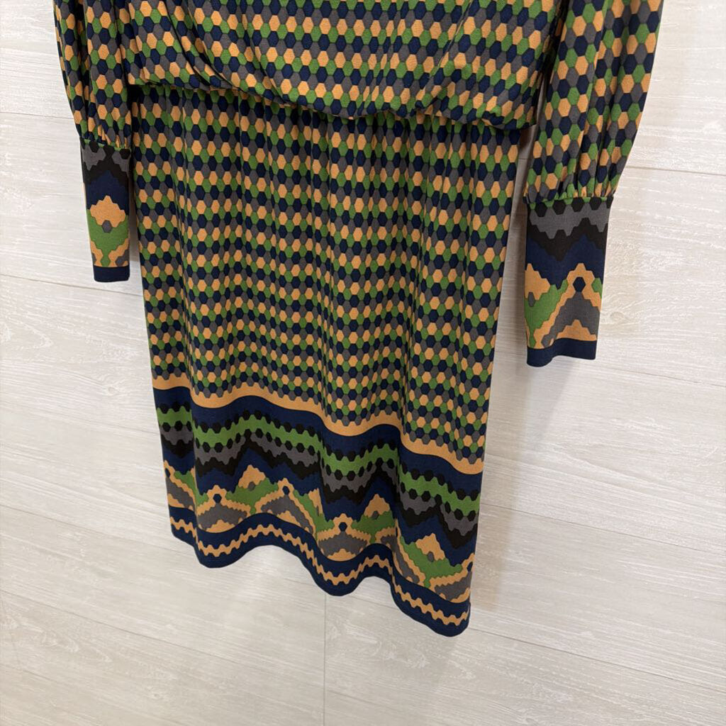 London Times Brown/ Blue/ Green Print Long Sleeve Dress 8