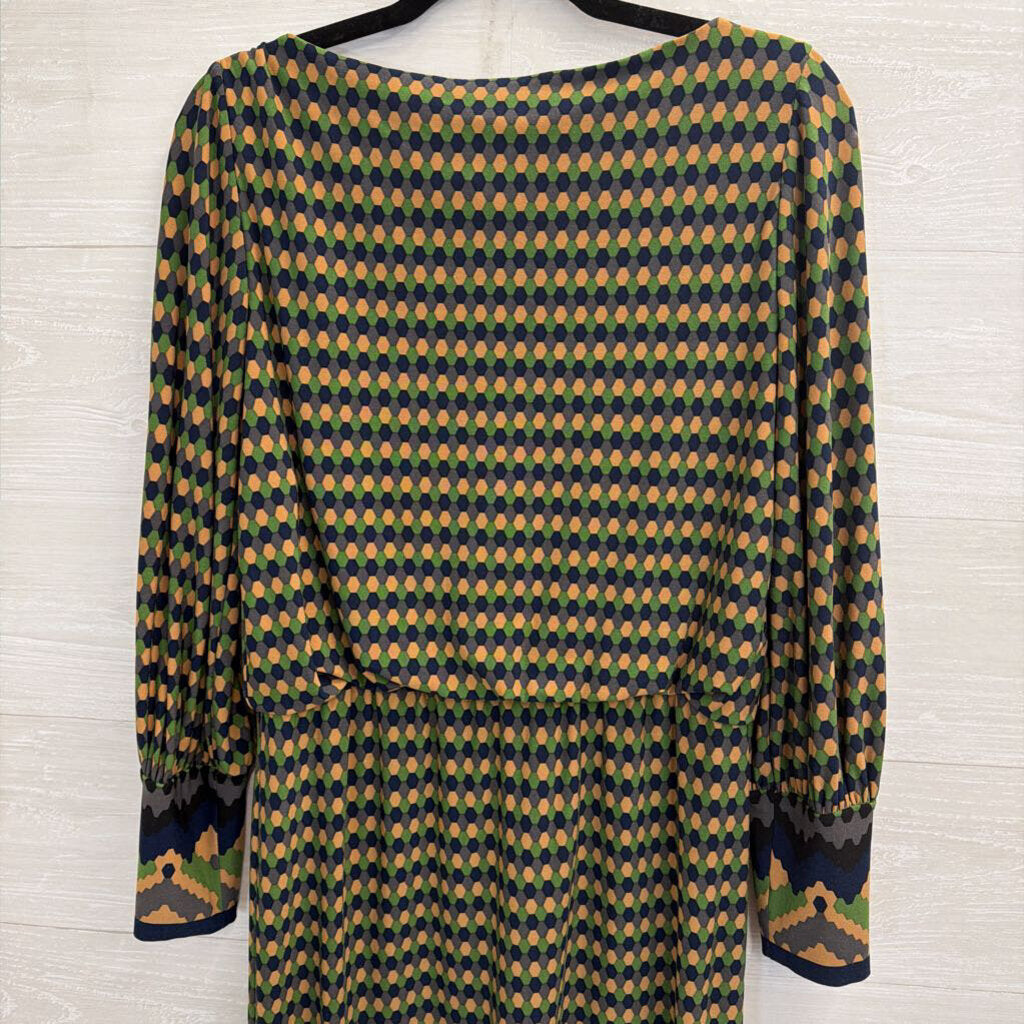 London Times Brown/ Blue/ Green Print Long Sleeve Dress 8