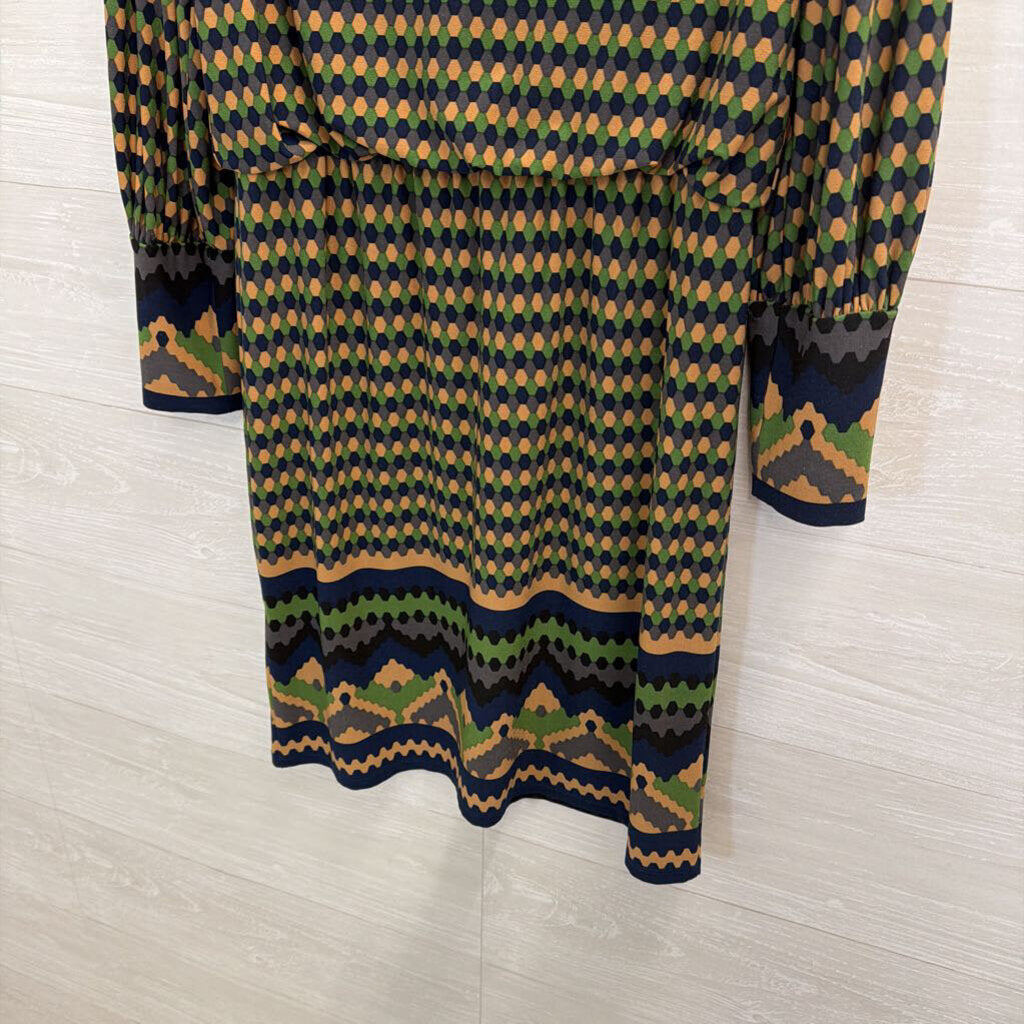 London Times Brown/ Blue/ Green Print Long Sleeve Dress 8
