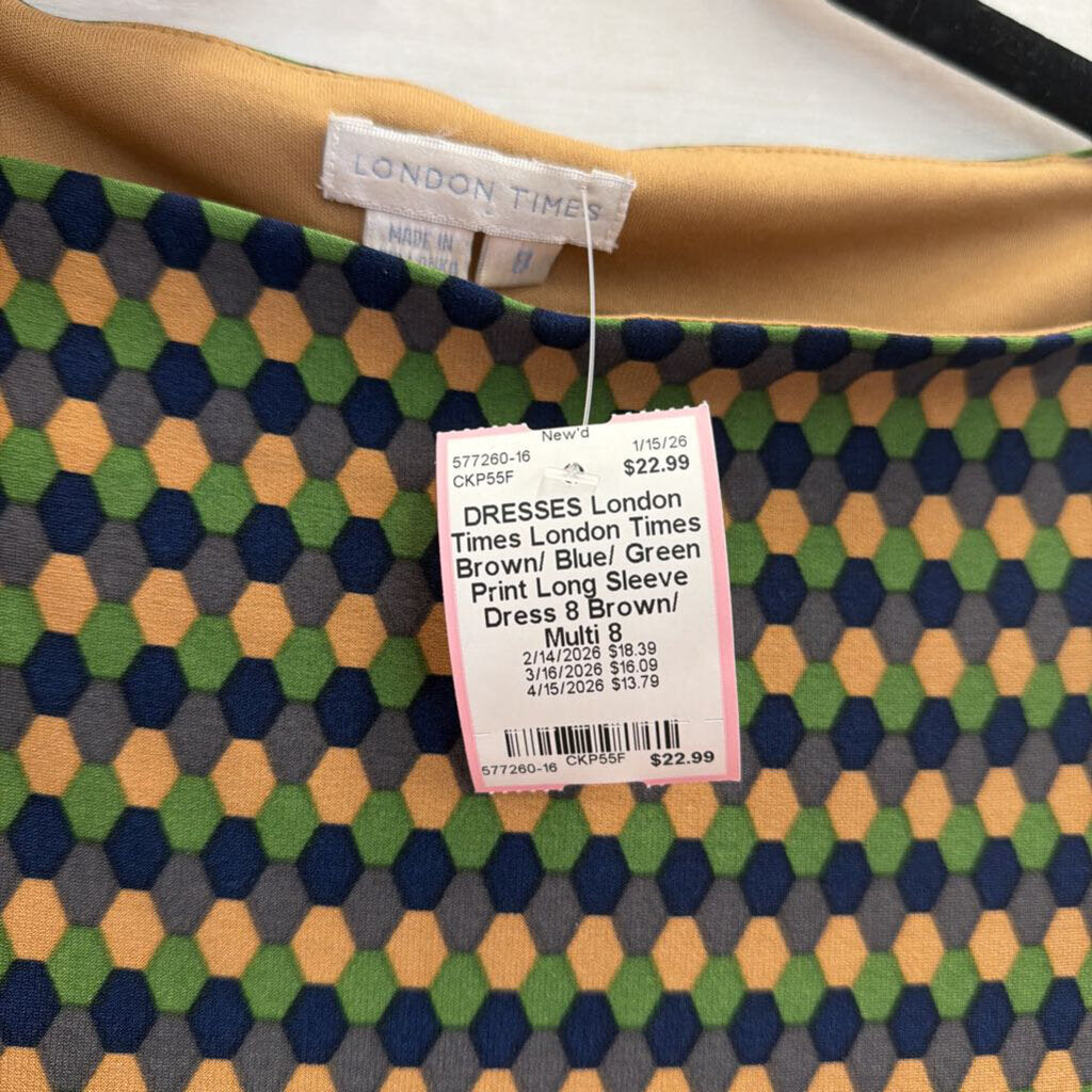 London Times Brown/ Blue/ Green Print Long Sleeve Dress 8