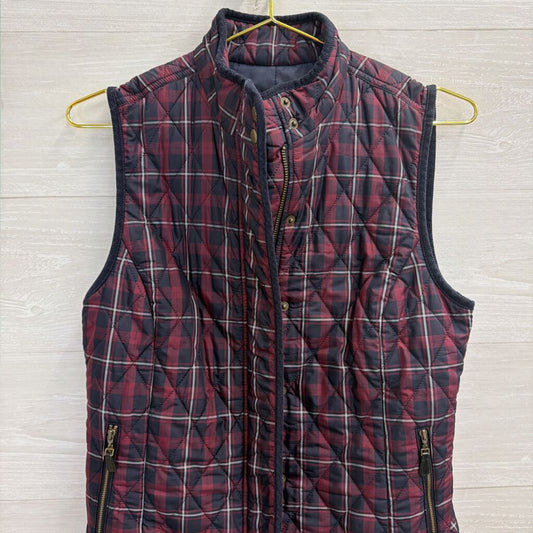 Talbots Burgundy/ Navy Plaid Print Quilted Zip Up Vest Extra Small
