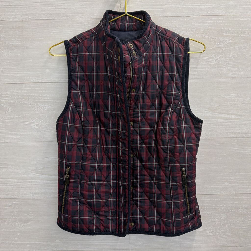 Talbots Burgundy/ Navy Plaid Print Quilted Zip Up Vest Extra Small