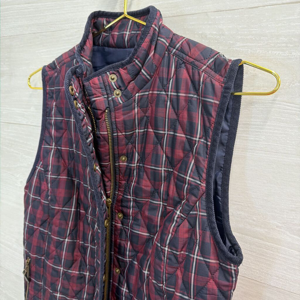 Talbots Burgundy/ Navy Plaid Print Quilted Zip Up Vest Extra Small