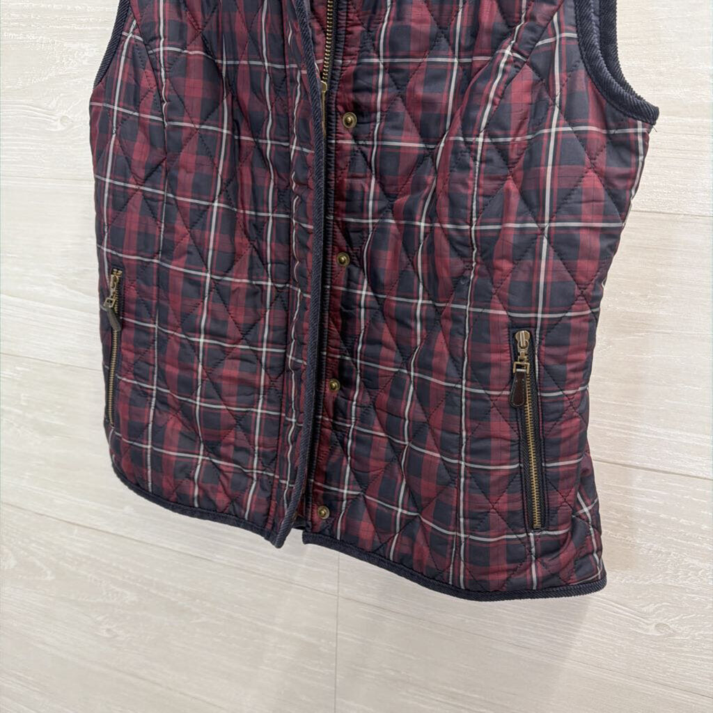 Talbots Burgundy/ Navy Plaid Print Quilted Zip Up Vest Extra Small