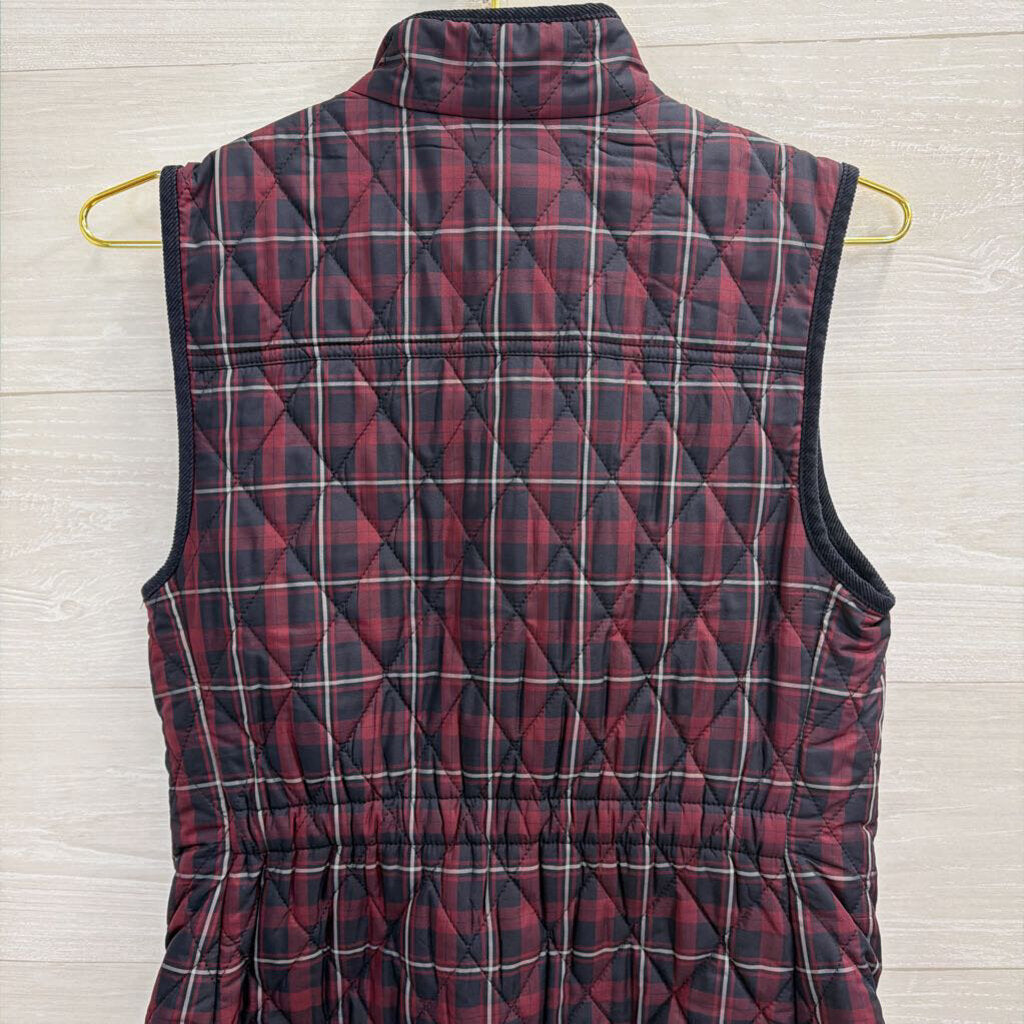Talbots Burgundy/ Navy Plaid Print Quilted Zip Up Vest Extra Small