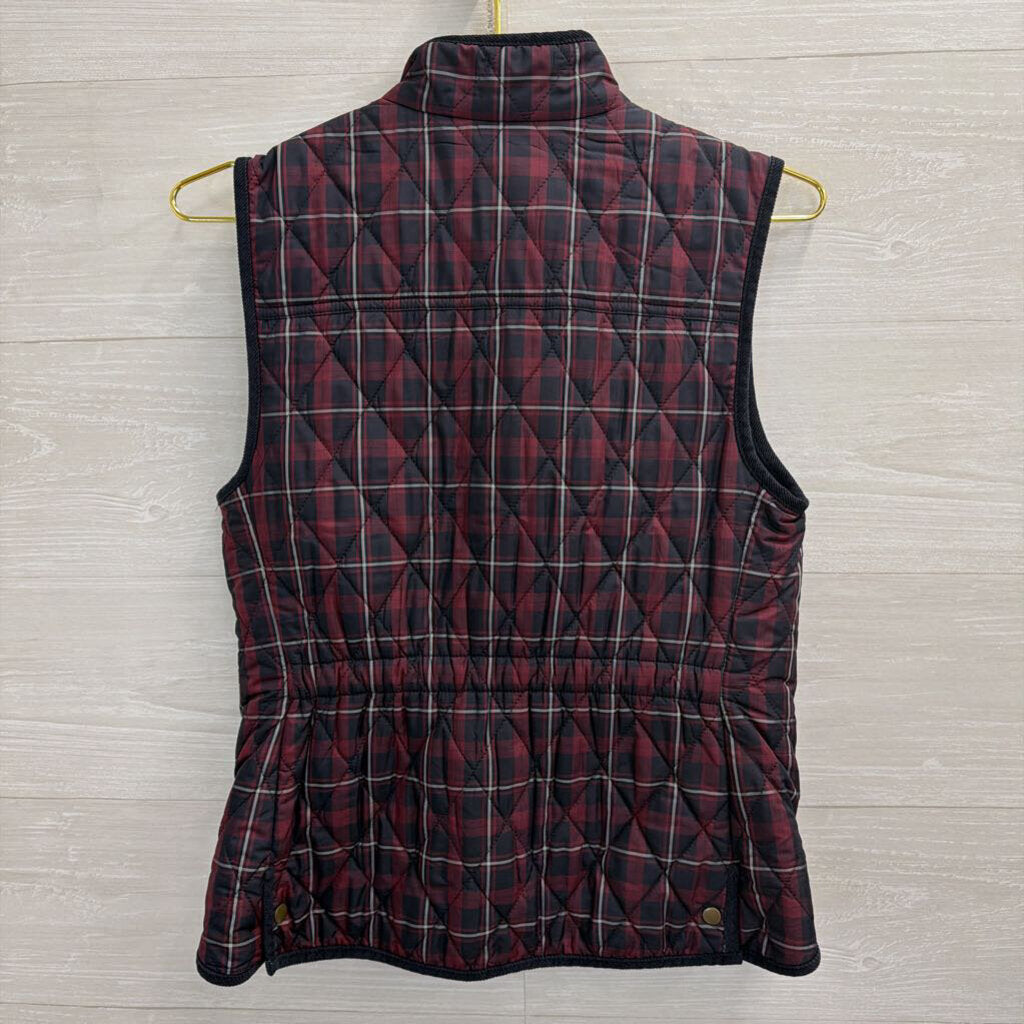 Talbots Burgundy/ Navy Plaid Print Quilted Zip Up Vest Extra Small