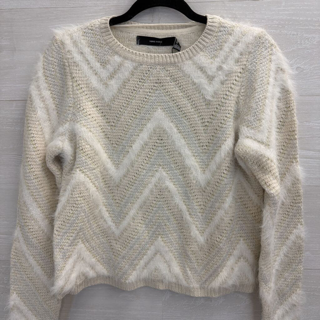 Vero Moda White/ Metallic Gold/ Silver Thread Cropped Sweater Small