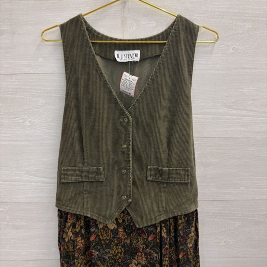 Vintage RJ Stevens Green Corduroy Vest Top/ Print Skirt Dress Medium