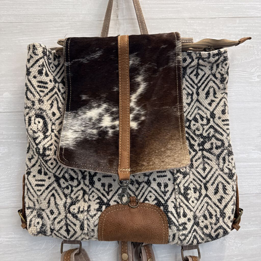 Myra Bag Brown/ White/ Grey Upcycled Canvas/ Cowhide Backpack