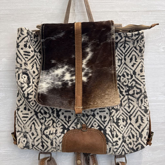 Myra Bag Brown/ White/ Grey Upcycled Canvas/ Cowhide Backpack