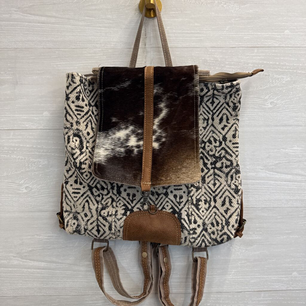 Myra Bag Brown/ White/ Grey Upcycled Canvas/ Cowhide Backpack