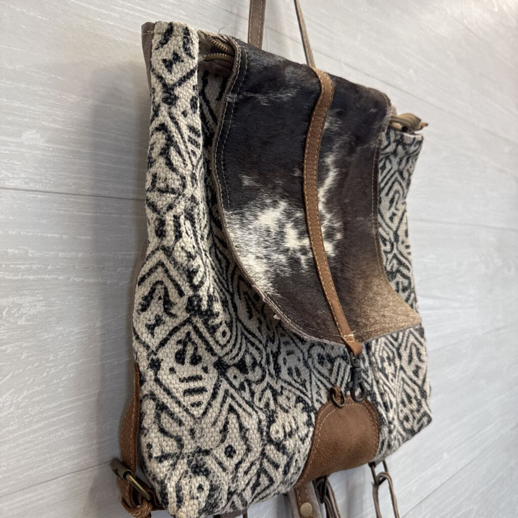 Myra Bag Brown/ White/ Grey Upcycled Canvas/ Cowhide Backpack