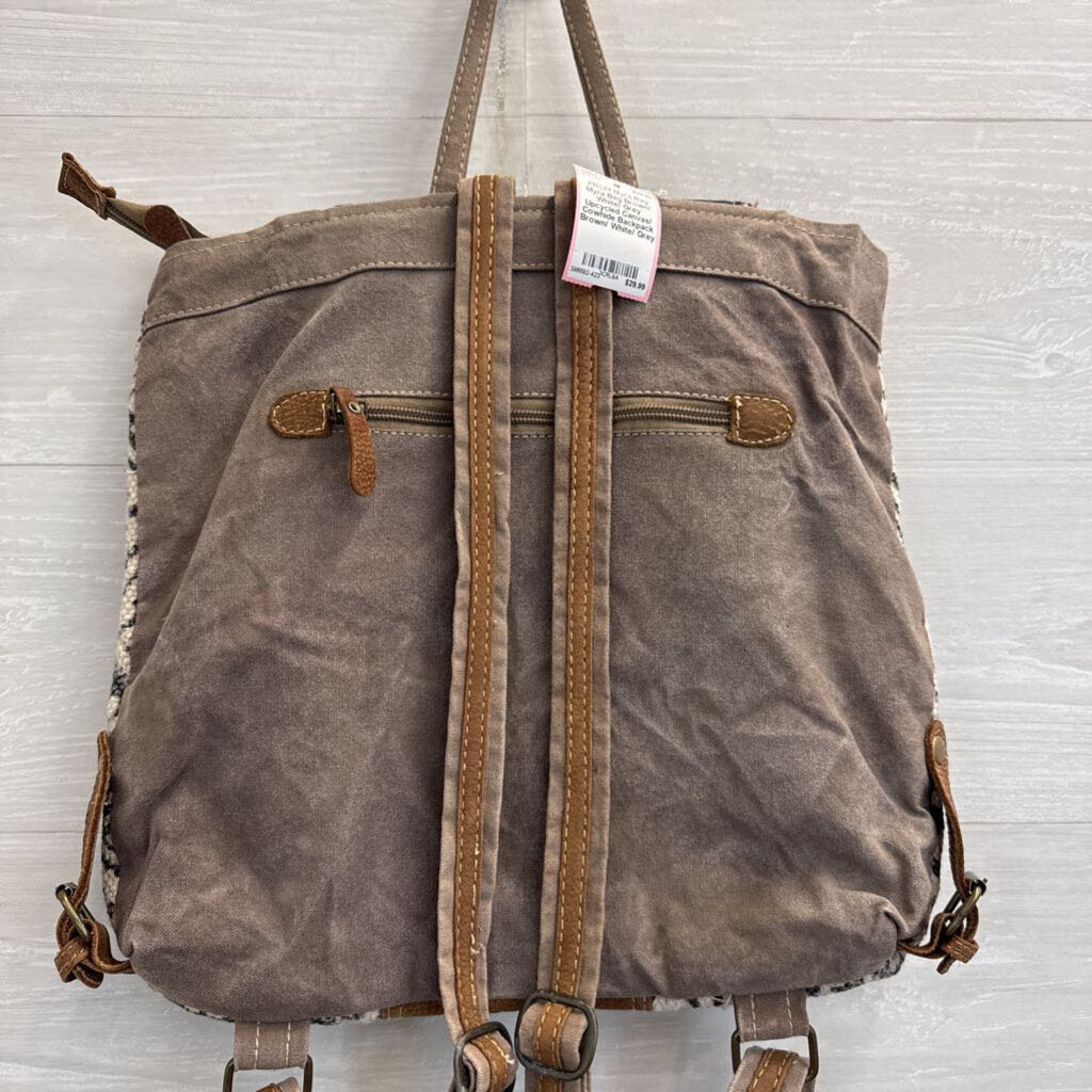 Myra Bag Brown/ White/ Grey Upcycled Canvas/ Cowhide Backpack