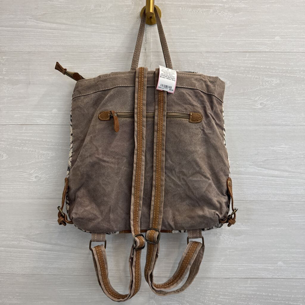 Myra Bag Brown/ White/ Grey Upcycled Canvas/ Cowhide Backpack