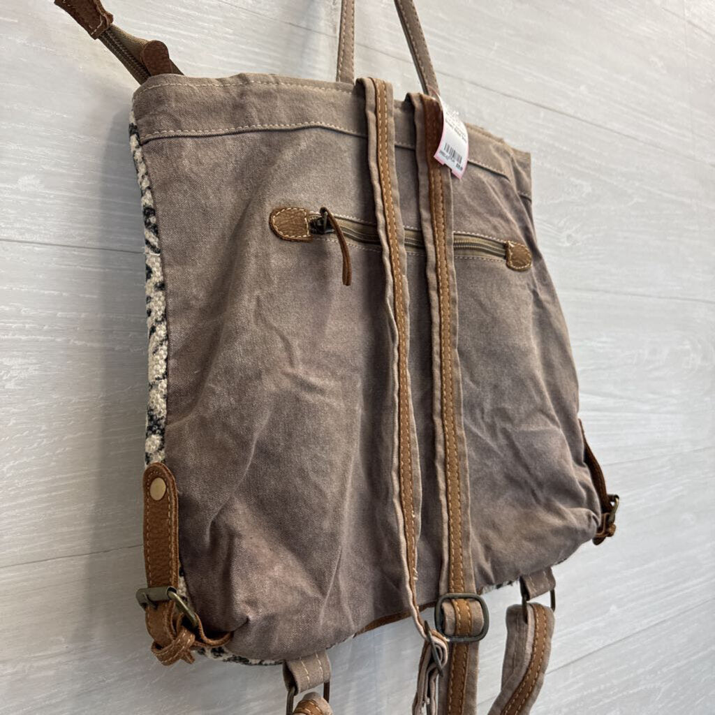 Myra Bag Brown/ White/ Grey Upcycled Canvas/ Cowhide Backpack