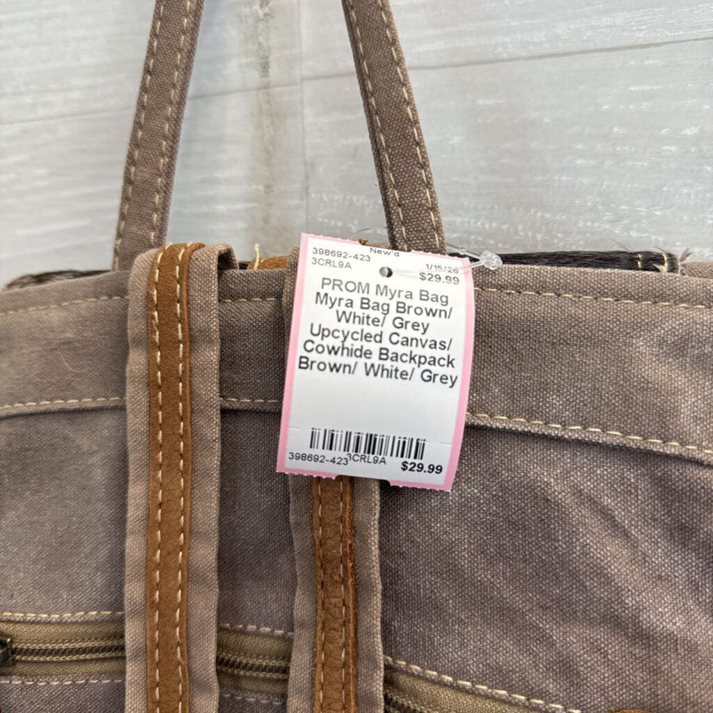 Myra Bag Brown/ White/ Grey Upcycled Canvas/ Cowhide Backpack