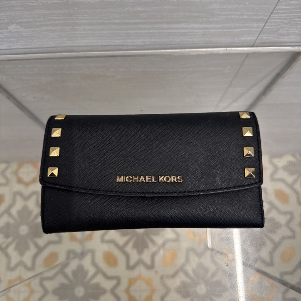 Michael Kors Black/ Gold Studded Leather Karla Large Trifold Wallet