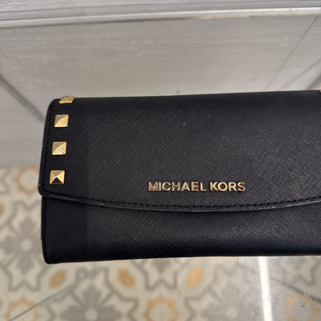 Michael Kors Black/ Gold Studded Leather Karla Large Trifold Wallet
