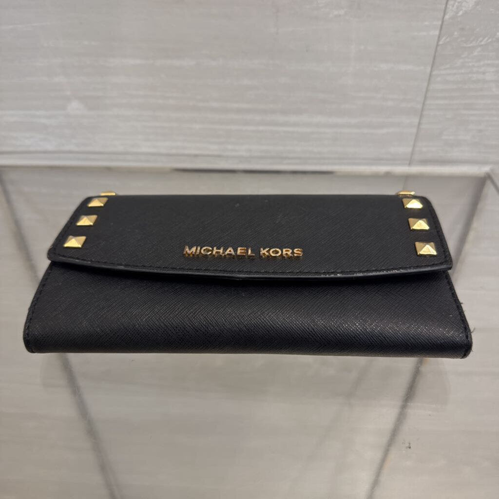 Michael Kors Black/ Gold Studded Leather Karla Large Trifold Wallet