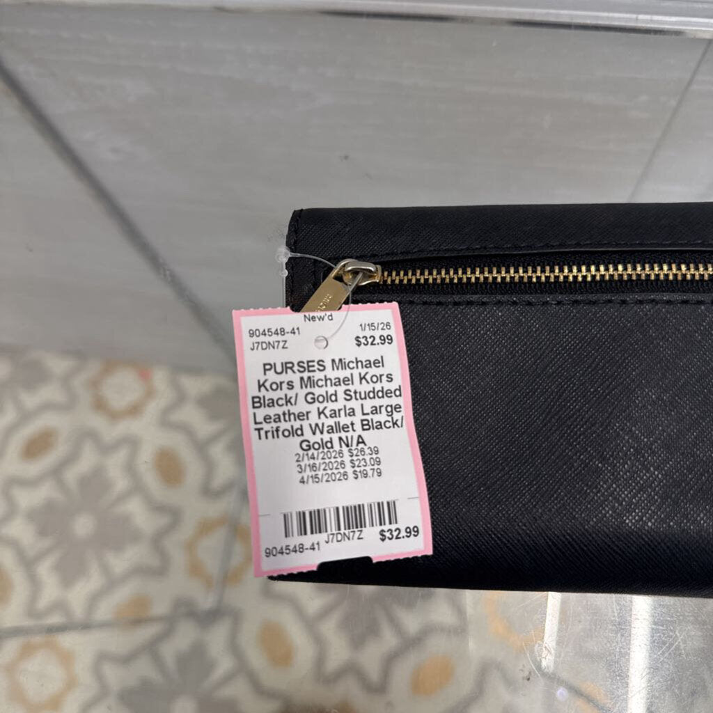 Michael Kors Black/ Gold Studded Leather Karla Large Trifold Wallet