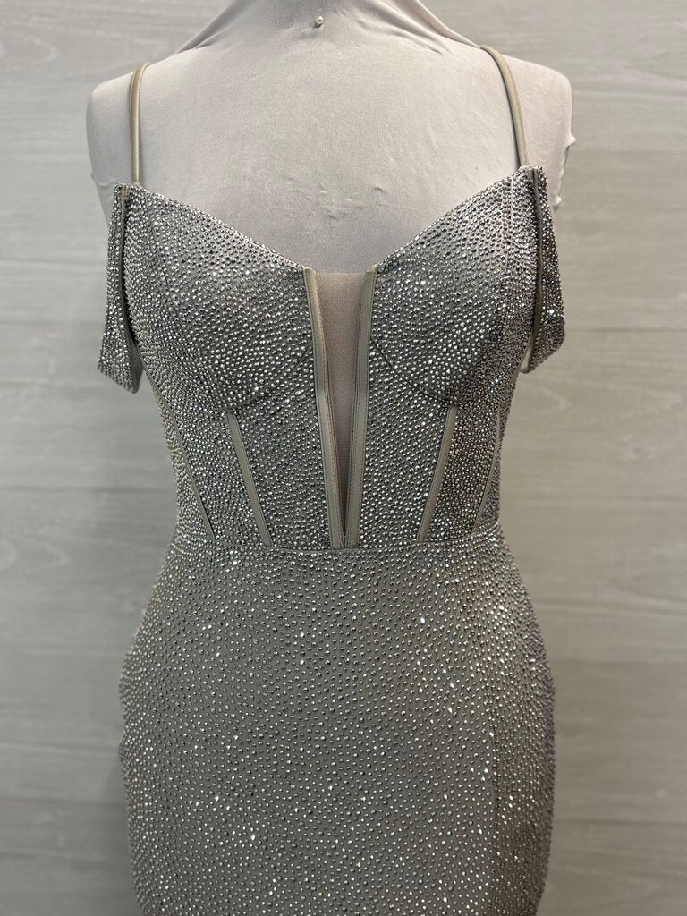 Sherri Hill Silver Beaded Shimmer Corset Top Long Formal Dress 8