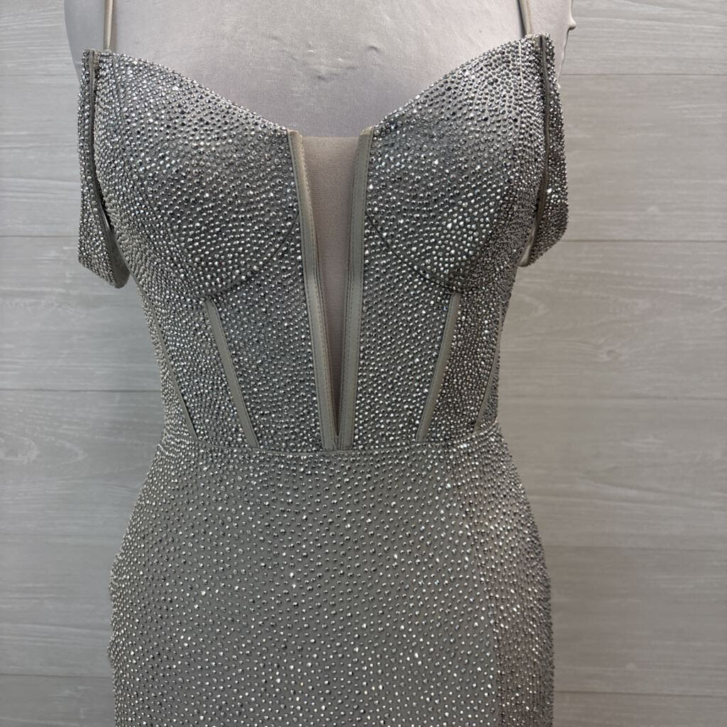 Sherri Hill Silver Beaded Shimmer Corset Top Long Formal Dress 8