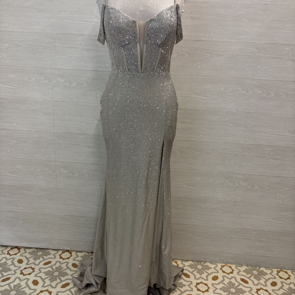 Sherri Hill Silver Beaded Shimmer Corset Top Long Formal Dress 8