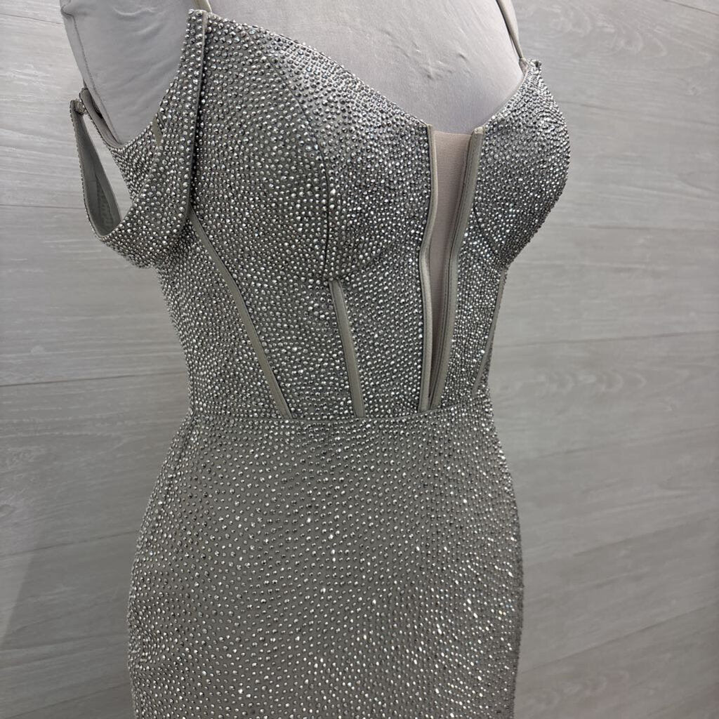Sherri Hill Silver Beaded Shimmer Corset Top Long Formal Dress 8