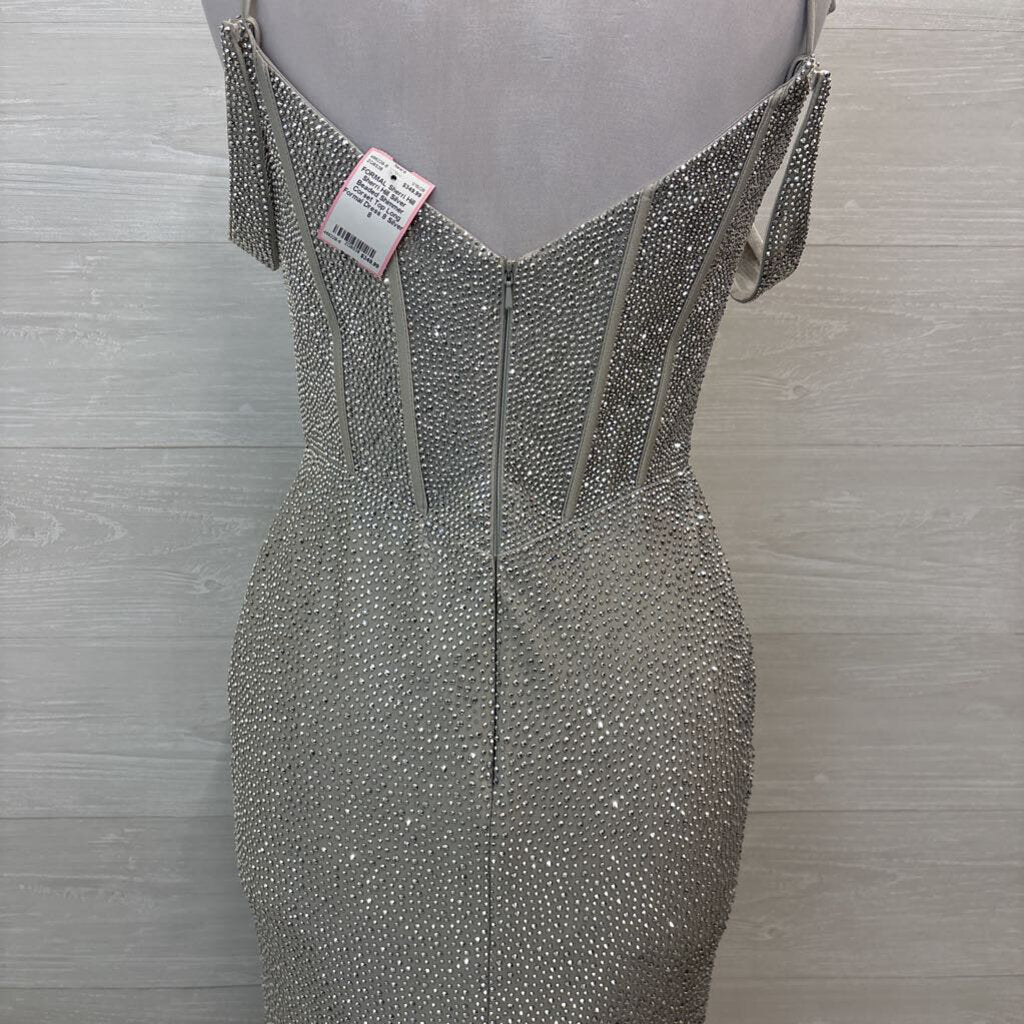 Sherri Hill Silver Beaded Shimmer Corset Top Long Formal Dress 8