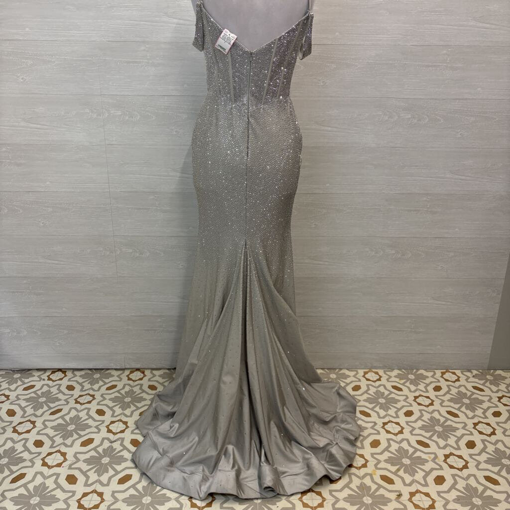 Sherri Hill Silver Beaded Shimmer Corset Top Long Formal Dress 8
