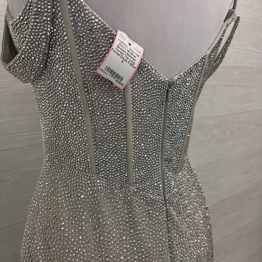 Sherri Hill Silver Beaded Shimmer Corset Top Long Formal Dress 8