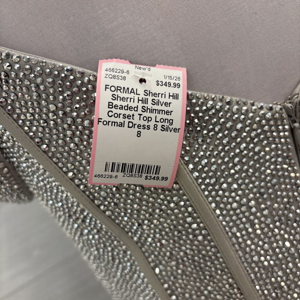 Sherri Hill Silver Beaded Shimmer Corset Top Long Formal Dress 8
