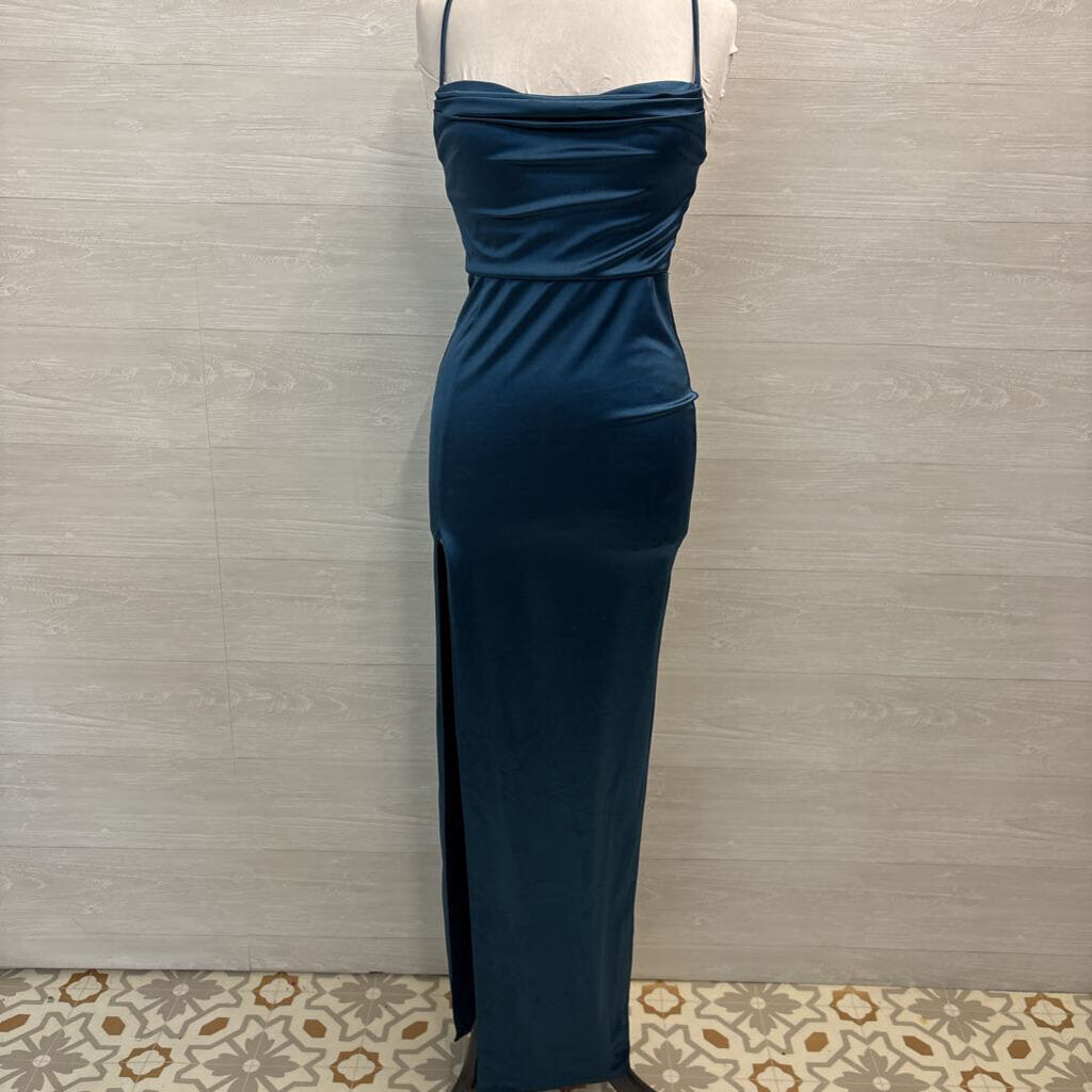 Windsor Stretch Satin Cowl Neck Long Formal Small