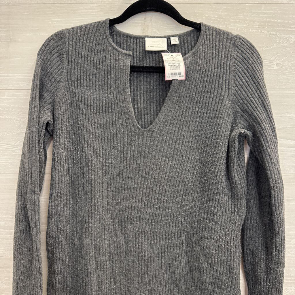 Anthropologie Grey Knit Notched V Neck Sweater Extra Small