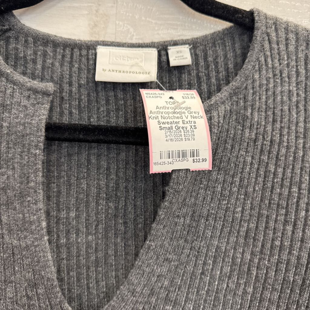 Anthropologie Grey Knit Notched V Neck Sweater Extra Small