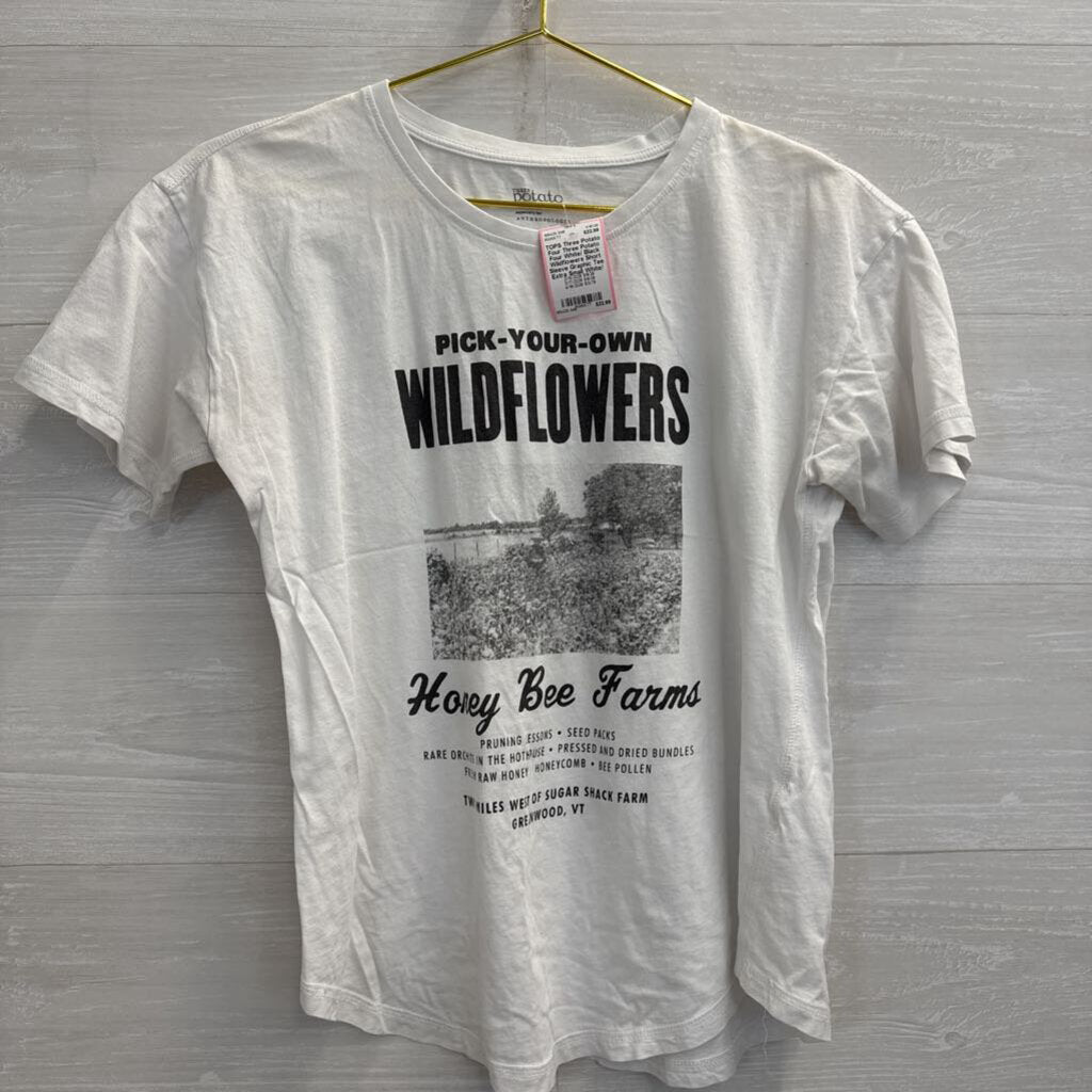 Three Potato Four White/ Black Wildflowers Short Sleeve Graphic Tee Extra Small