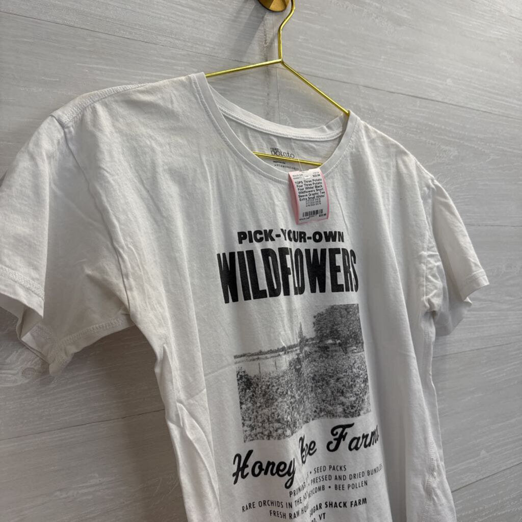 Three Potato Four White/ Black Wildflowers Short Sleeve Graphic Tee Extra Small