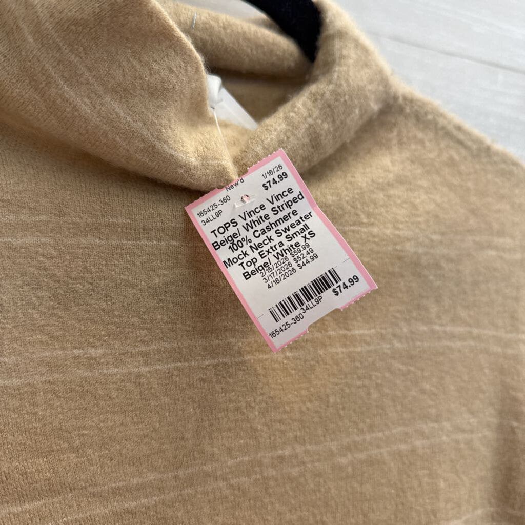 Vince Beige/ White Striped 100% Cashmere Mock Neck Sweater Top Extra Small