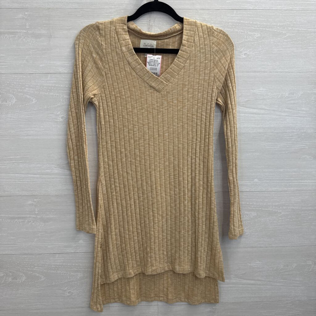 Deletta Brown Ribbed V Neck Long Sleeve Tunic Top Small