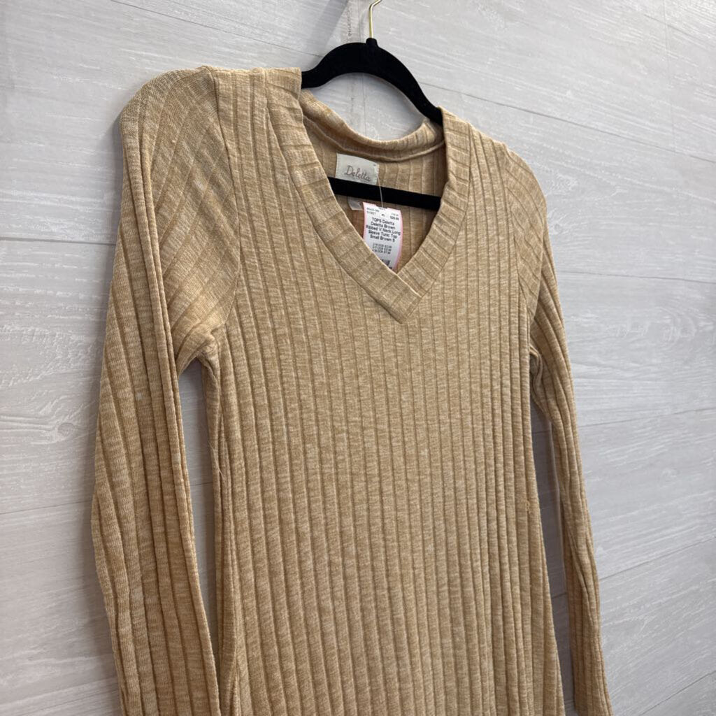 Deletta Brown Ribbed V Neck Long Sleeve Tunic Top Small