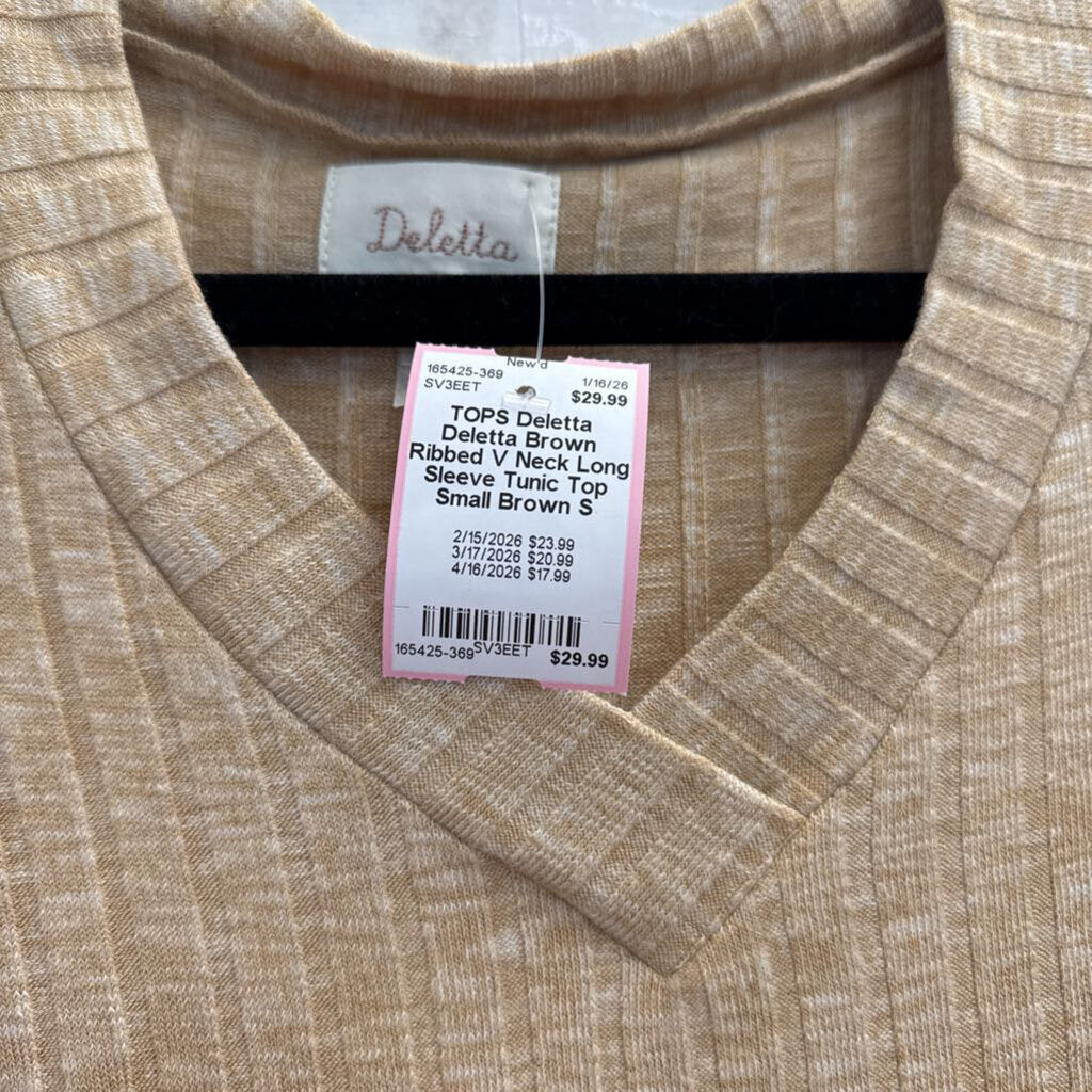 Deletta Brown Ribbed V Neck Long Sleeve Tunic Top Small