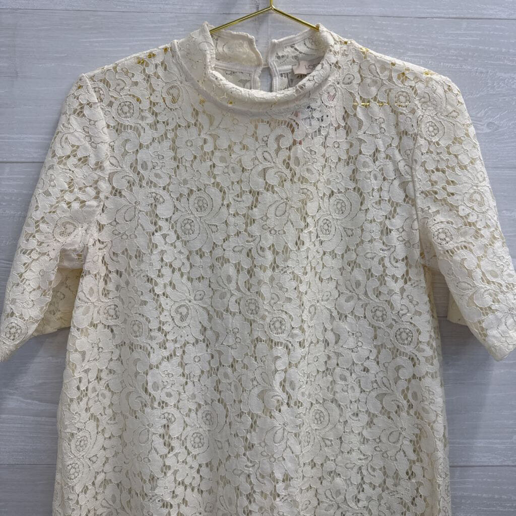 Loft Cream Sheer Lace Short Sleeve Mock Neck Top Small