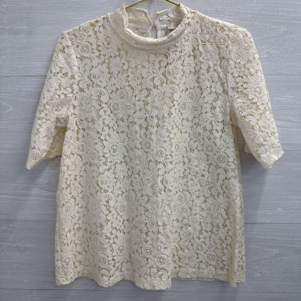 Loft Cream Sheer Lace Short Sleeve Mock Neck Top Small