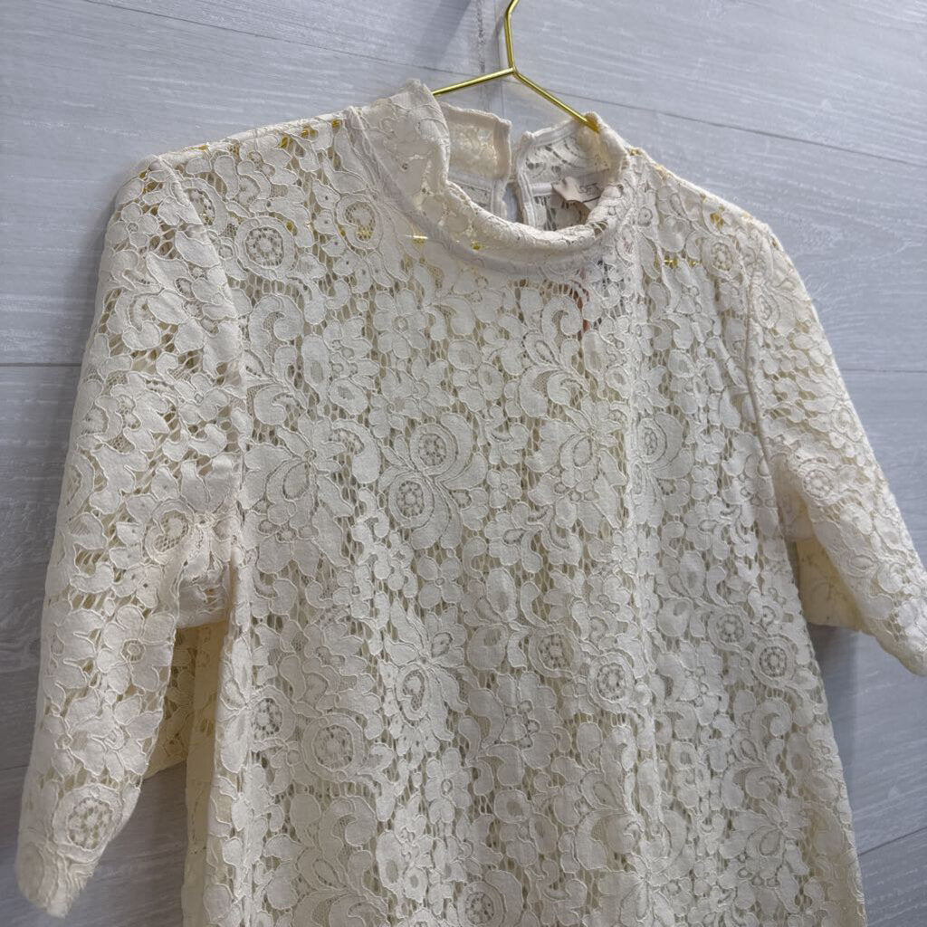 Loft Cream Sheer Lace Short Sleeve Mock Neck Top Small
