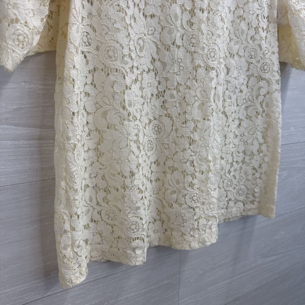 Loft Cream Sheer Lace Short Sleeve Mock Neck Top Small