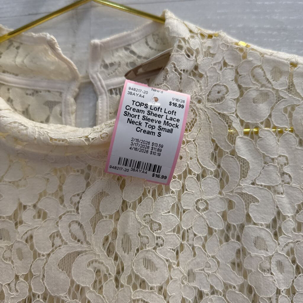 Loft Cream Sheer Lace Short Sleeve Mock Neck Top Small