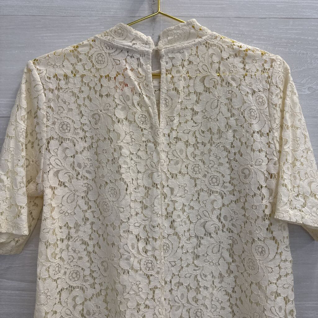 Loft Cream Sheer Lace Short Sleeve Mock Neck Top Small