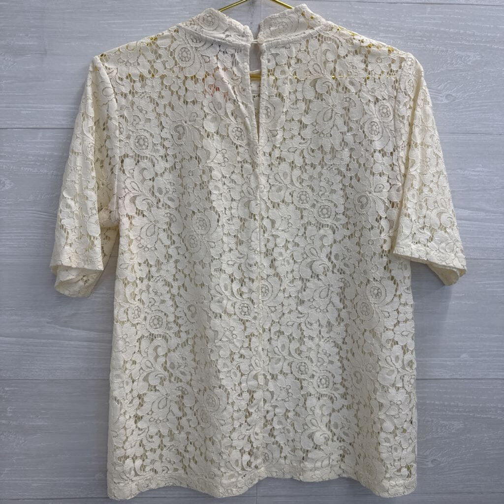 Loft Cream Sheer Lace Short Sleeve Mock Neck Top Small