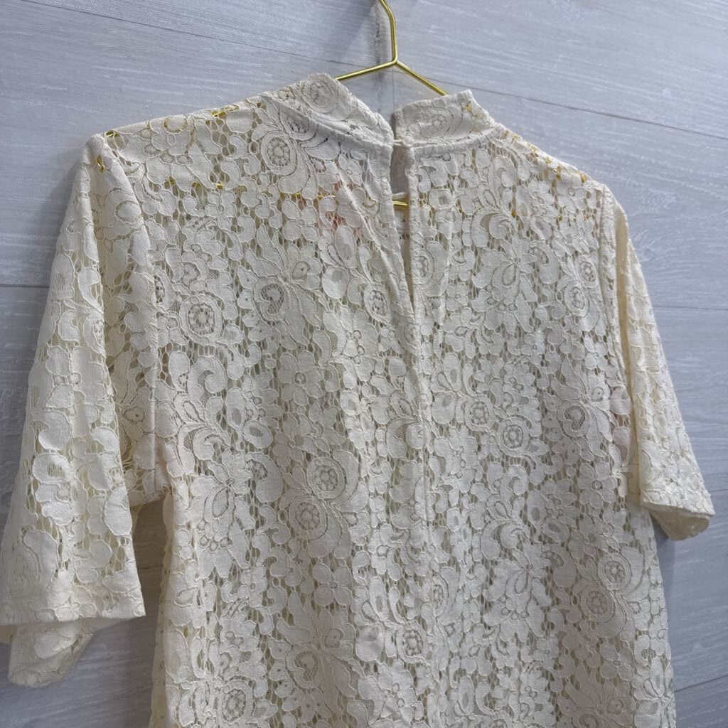 Loft Cream Sheer Lace Short Sleeve Mock Neck Top Small